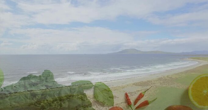 Coastal seascape staying steady, overlay fade starting from lower frame, producing food foreground
