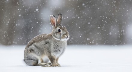 Fototapeta premium A cute brown rabbit sitting peacefully in the middle of a gentle snowfall during the winter season