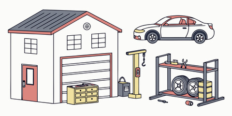 Naklejka premium a garage with a car and various equipment Vector