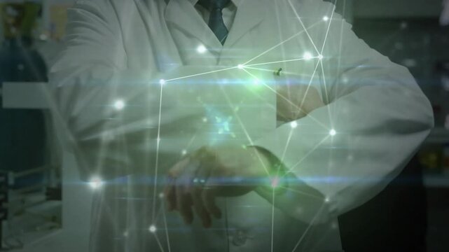 Sr scientist smoothing sleeves, folding arms in lab, camera revealing node overlay for data review