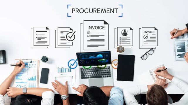 Detailed overview of procurement processes showcasing personnel collaborating with documents and digital tools for efficient invoice management and project tracking Gluon.