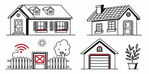 Fototapeta premium a set of four house and garage illustrations with red accents Vector