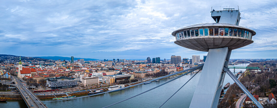 UFO Bridge observation deck Bratislava above the Danube at blue hour view