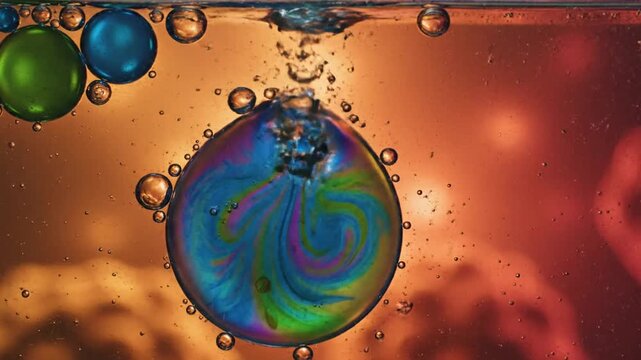 Colorful oil droplets floating on water with abstract background, used for decorative or design purposes