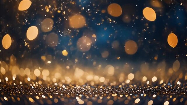 Glittering gold confetti falling on a dark background with bokeh lights, creating a festive atmosphere for celebrations