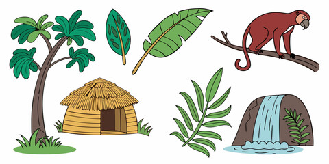 a jungle scene with a hut and a monkey Vector © Rabbi