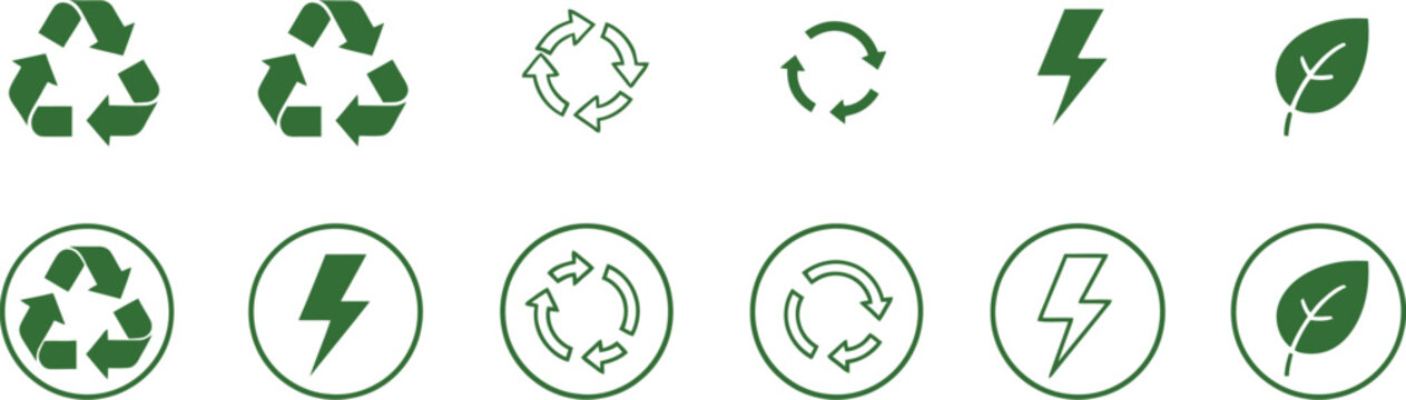 Small arrangement of outline icons depicts recycling arrows, circular refresh symbols, lightning bolts, and simple leaf shapes.
