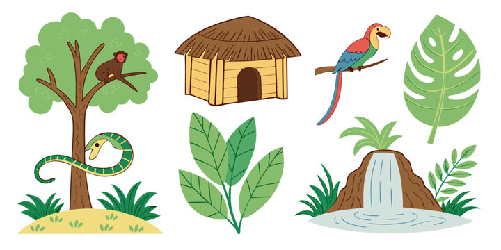 a set of jungle icons including a tree and a volcano Vector