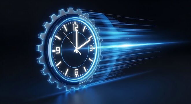 A glowing blue clock face integrated into a mechanical gear moving at high speed in dark space