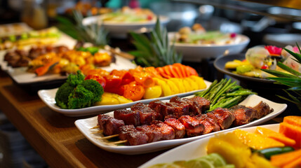 A vibrant spread of food on a table with various dishes and vegetables