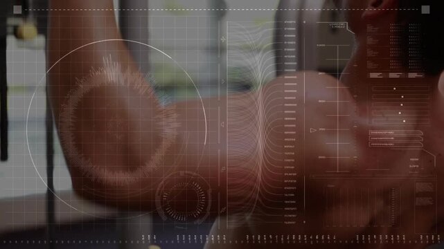 Man reaching pulldown bar and pulling down, HUD tracking cable, stack, back contraction for fitness