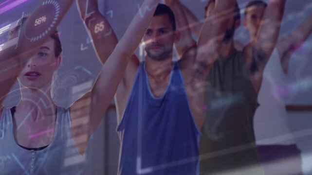 Fitness group lifting arms on cue, holding overhead for alignment while AR HUD with gauges, percent