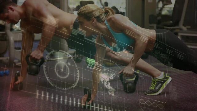 Fitness pair starting high plank gripping kettlebells, switching rows for core, HUD overlaying