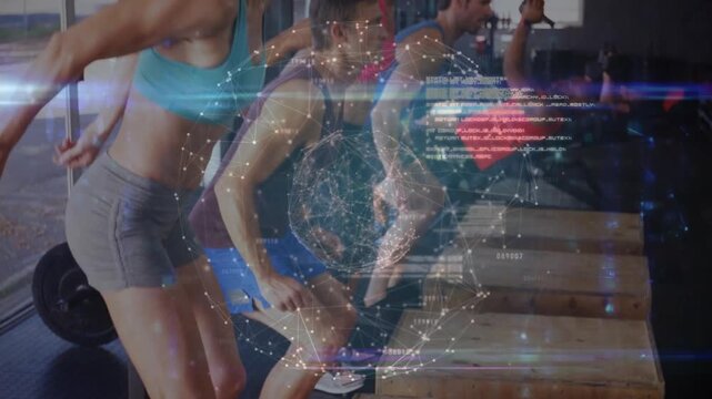 Workout group shifting weight jumping onto plyo boxes in gym globe overlay scanning building power
