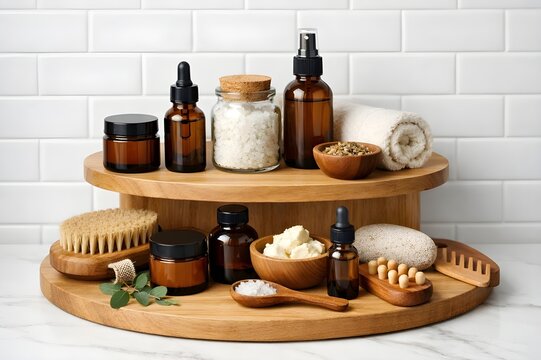 A two-tier wooden shelf displaying natural skincare products, including amber bottles, sea salts, brushes, and cream against a white tiled wall.