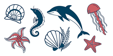 a group of sea creatures including a dolphin and a starfish Vector © Rabbi