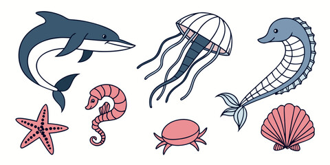 a group of sea creatures including a dolphin and a seahorse Vector © Rabbi