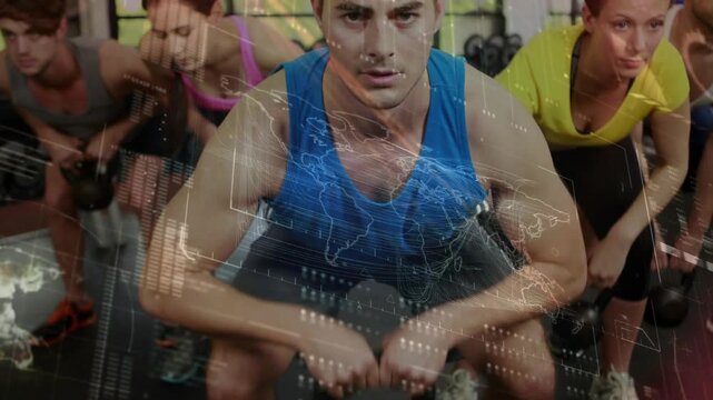 Lead man in blue gripping kettlebell leading goblet squats for fitness HUD map overlaying scene