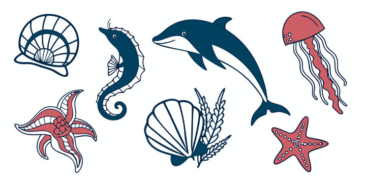 a group of sea creatures including a dolphin and a starfish Vector
