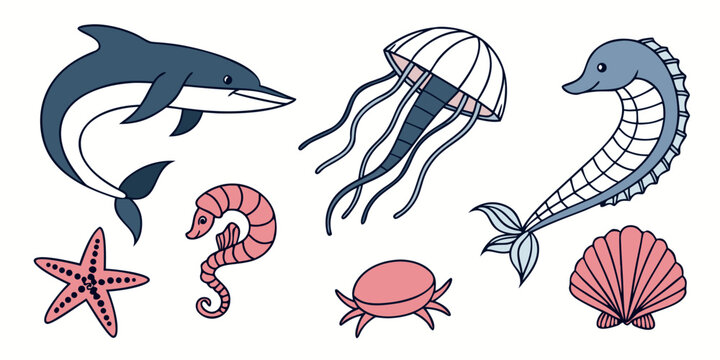 a group of sea creatures including a dolphin and a seahorse Vector