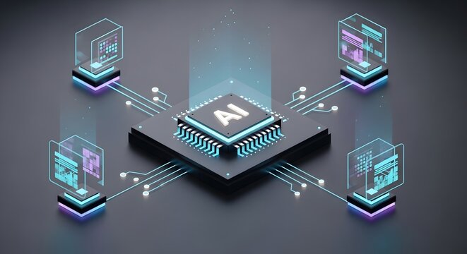 Cybernetic Core Glowing blue AI processor integrated into a complex motherboard. Symbolic of brain-like computer functions, logic gates, and the rise of digital in