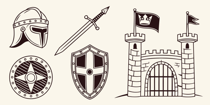 a set of medieval symbols including a helmet sword shield crest and castle Vector