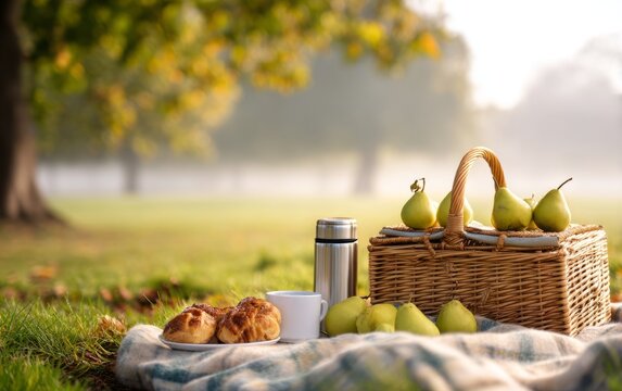 Serene Morning Picnic in a Park with Soft Wool Blanket and Basket