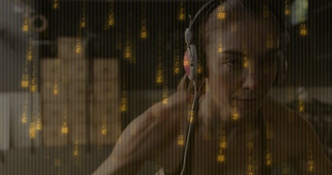 Digital scanlines and golden code appearing, woman wearing headset extending right arm to mix music