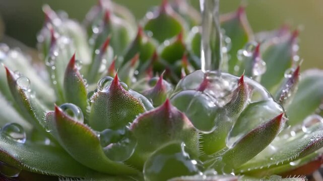 Closeup of a succulent plant with water droplets glistening.