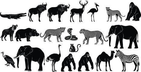 Large Collection of African Safari Wildlife Animals Silhouette Including Elephant Gorilla Cheetah Zebra Hippo and Rhino Isolated on White Background for Educational Graphic Design Projects © Azufa