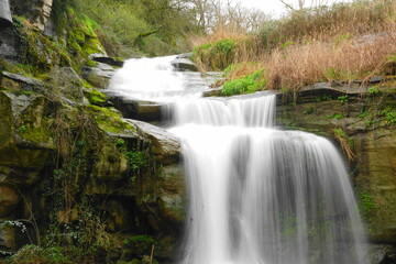 Fototapeta premium Silky waterfall in lush forest with mossy rocks and flowing stream, long exposure nature landscape