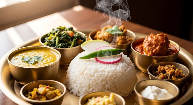 Fresh Vegetable Curry Raita and Rice Thali with Steam