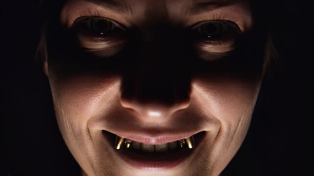 dramatic low-key close-up of a sinister face in shadows