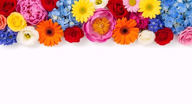 A vibrant and colorful assortment of fresh flowers arranged in a beautiful border against a clean white background.