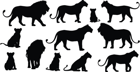 Set of African Lion Silhouettes Featuring Majestic Males with Manes Female Lionesses and Cute Cubs Isolated on White Background for Wildlife Safari Design Projects © Azufa