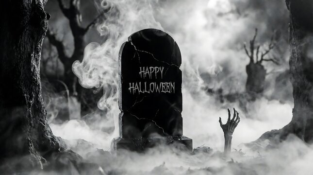Happy Halloween spooky graveyard scene with zombie hand