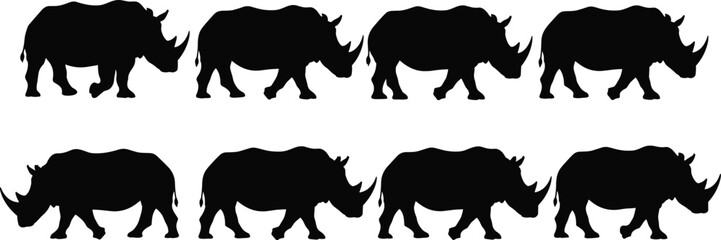 Set of African Rhinoceros Silhouettes Featuring Large Rhino Horns and Heavy Body Shapes Isolated on White Background for Wildlife Safari and Conservation Design Projects © Azufa