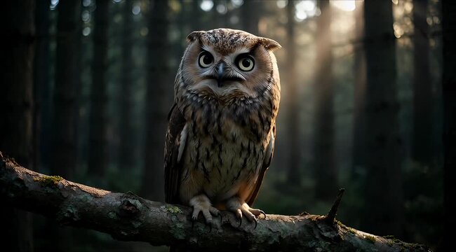 A majestic wild owl with captivating, wide eyes perches silently on a sturdy branch within a serene, sun-dappled forest, embodying quiet wisdom and beauty