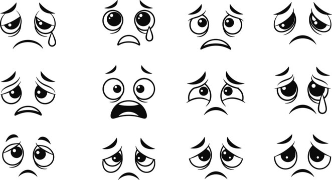 Set of black and white cartoon emoji faces with sad expressions including crying eyes and unhappy mouths for emotional communication and mental health concepts.