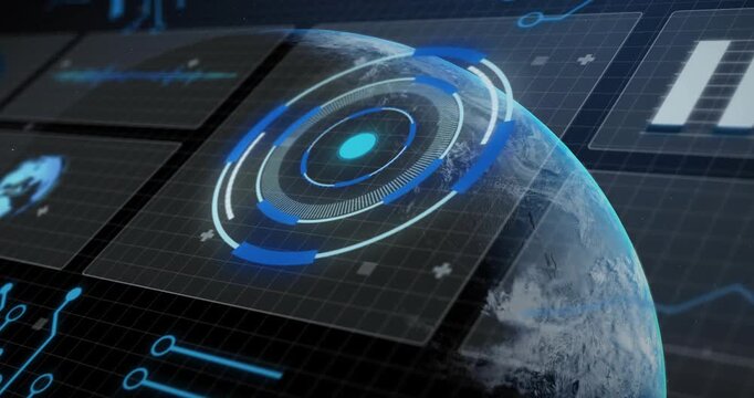 Radial HUD activating over planet, data input initiating rings rotating for technology analysis