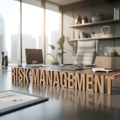 Plakat Wooden risk management letters on a modern office desk with city view