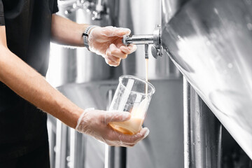 Beer production process in factory, brewing equipment and quality control