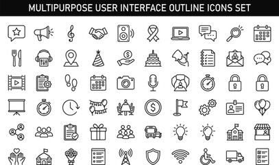 Multipurpose User Interface Outline Icons Set with Business Communication Media Lifestyle and Service Vector Collection