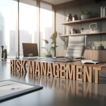 Wooden risk management letters on a modern office desk with city view