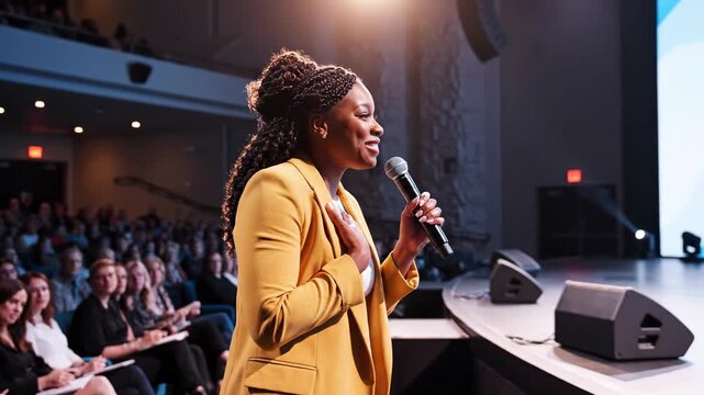 Confident Black Woman Speaker Addresses Audience on Stage