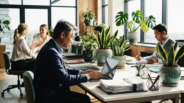 Businesspeople working on laptops in a modern office with plants and natural light, collaborating on a project