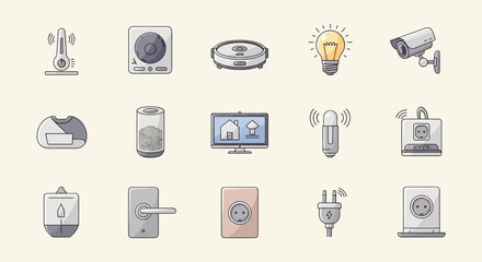 Fototapeta premium Collection of smart home devices including a thermometer, speaker, robot vacuum, and camera
