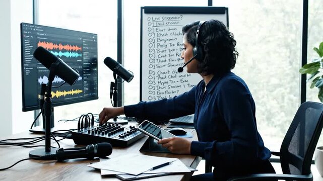 Woman working at a call center with computer, headset, and whiteboard in background, taking notes