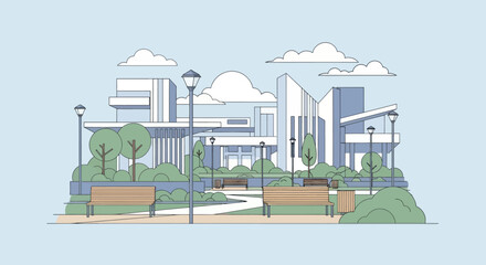 A modern architectural design set against a park with benches and trees © Win