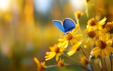 Fototapeta premium Radiant Blue Butterfly Resting on Cluster of Bright Yellow Flowers
